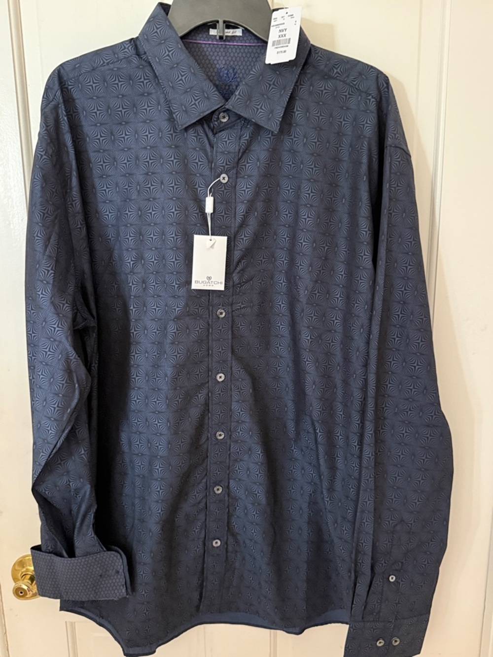 Bugatchi Men's Dark Blue Geometric-Print Long Sleeve Button-Down Shirt